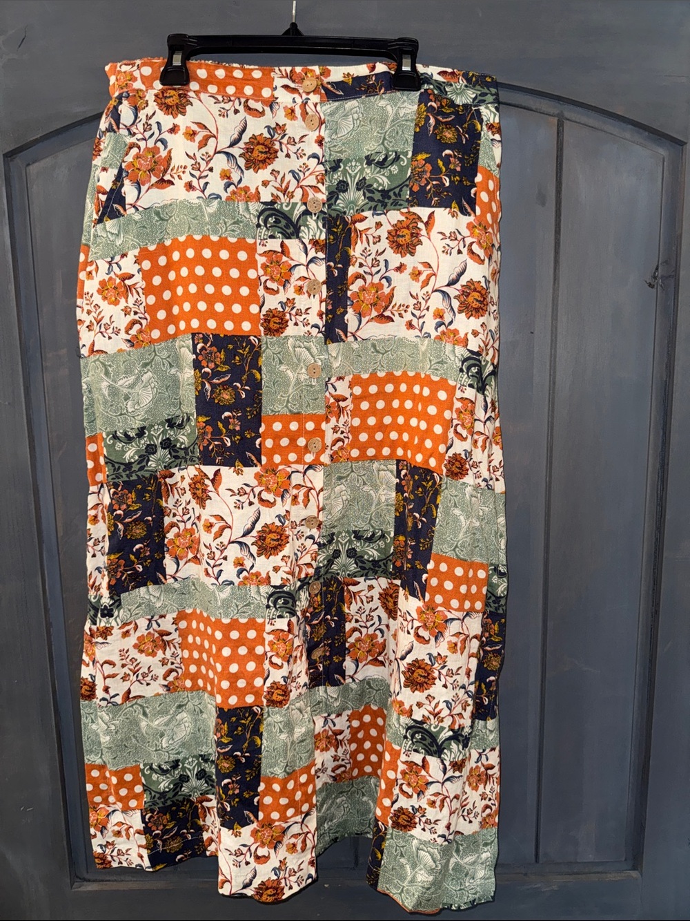 100% Linen Patchwork Midi Skirt in Orange and Green
